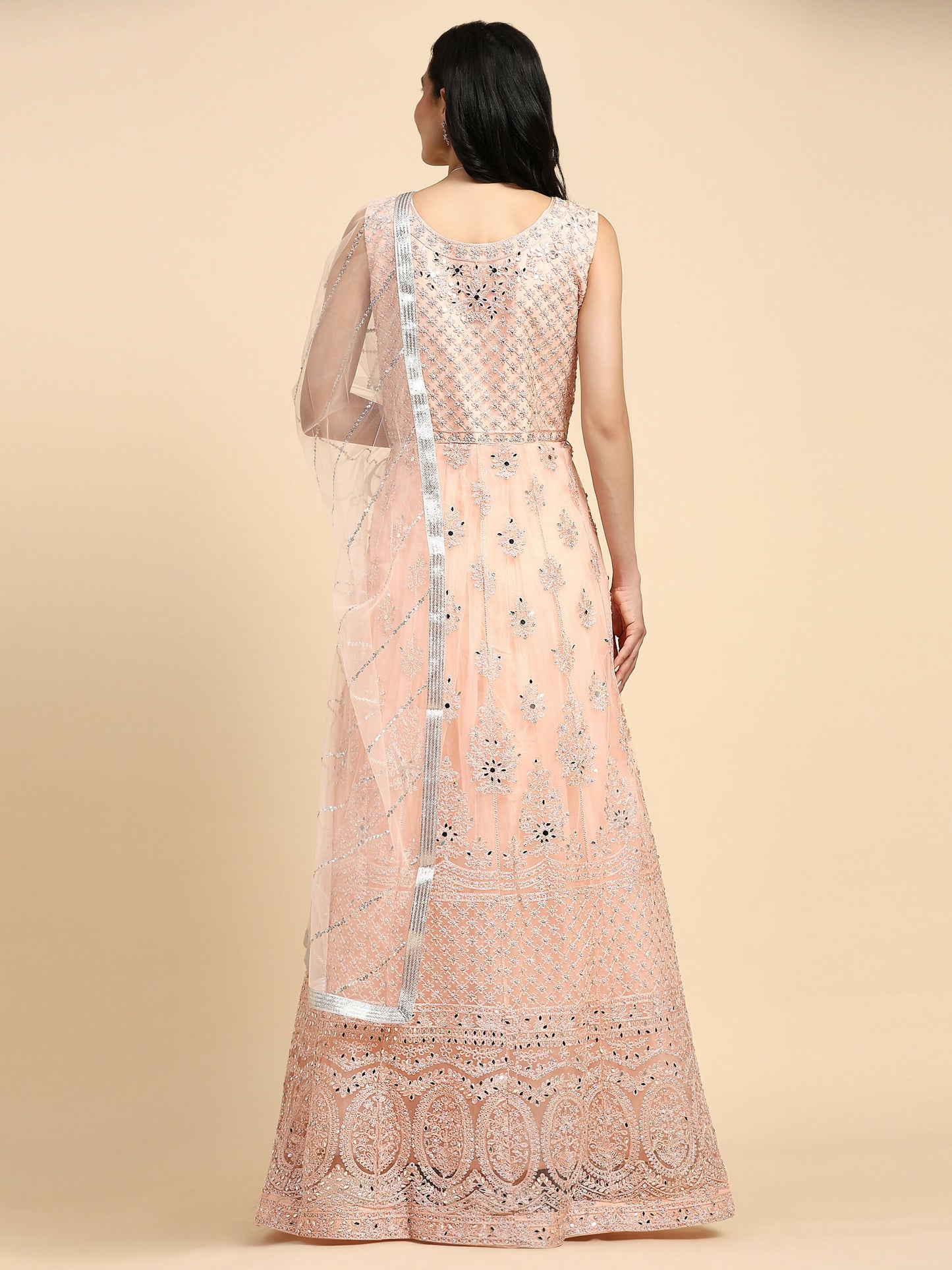 Peach Net Hand Embroidered Gown - Rudrani