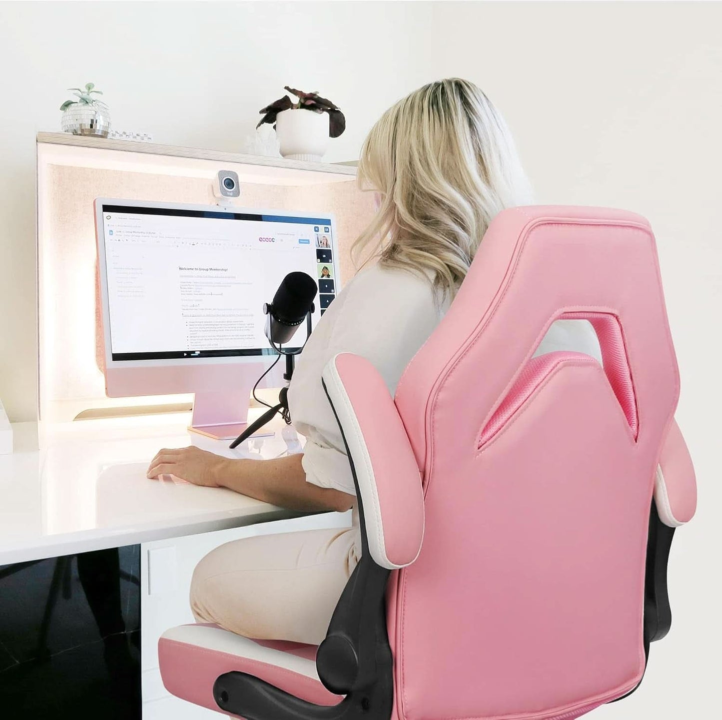 Pink Ergonomic Gaming Chair With Adjustable Lumbar Support