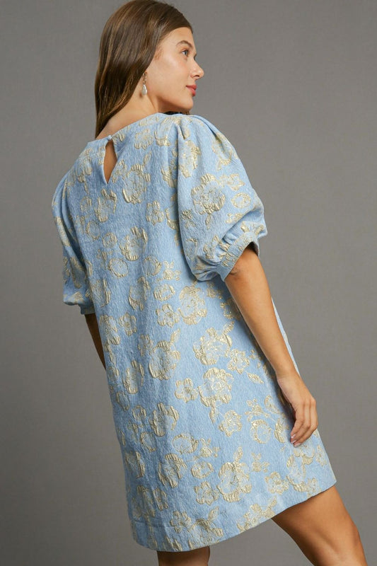 Floral Blue Jacquard Puff Sleeve Mini Dress Elegant Vintage-Inspired Dress for Women