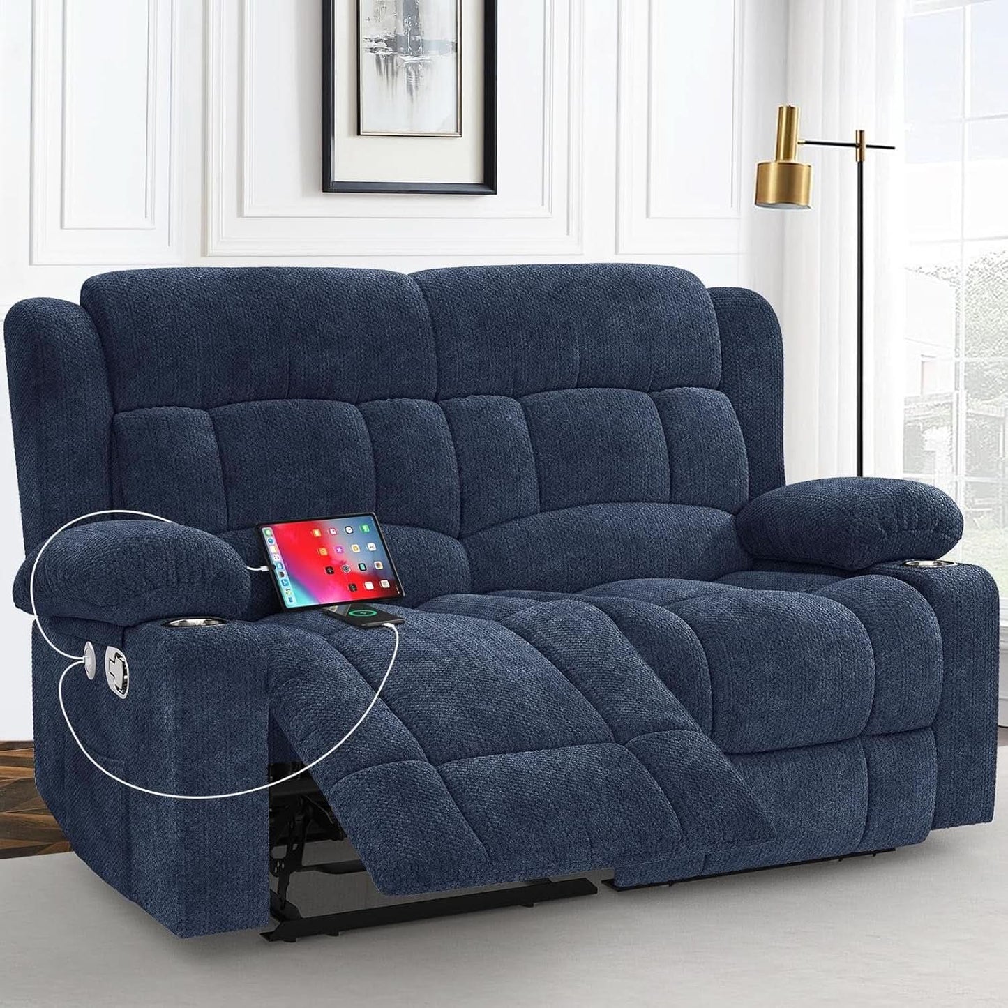 Blue Fabric Reclining Loveseat With USB Ports For Living Room