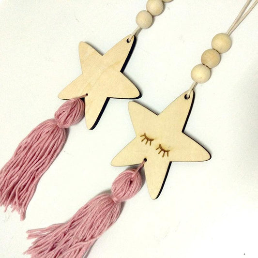 Adorable Sleepy Eye Eyelash Kids Room Decoration Crafts Wood Wall Hanging Stars Decorative Beads Tassel Photography Props Gift For Kids Bedroom Decor Makeup Sticker For Girls Room Wall Art