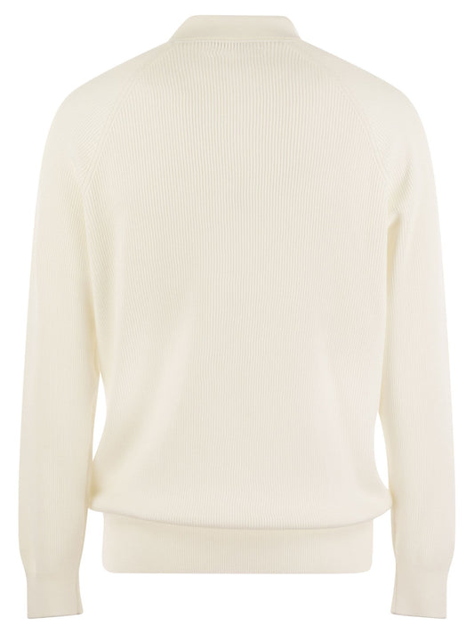 Brunello Cucinelli Men Cotton Rib Knit Polo Shirt With Long Raglan Sleeve