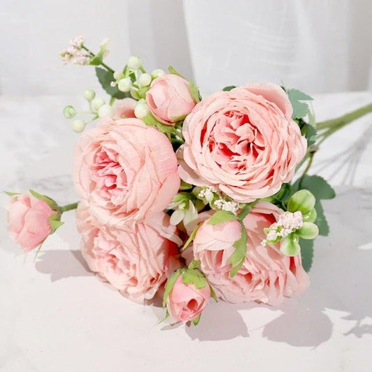Artificial Rose Flowers Bouquet Pink And White Silk Peony Rose For Home Bridal Wedding Party Festival Decor