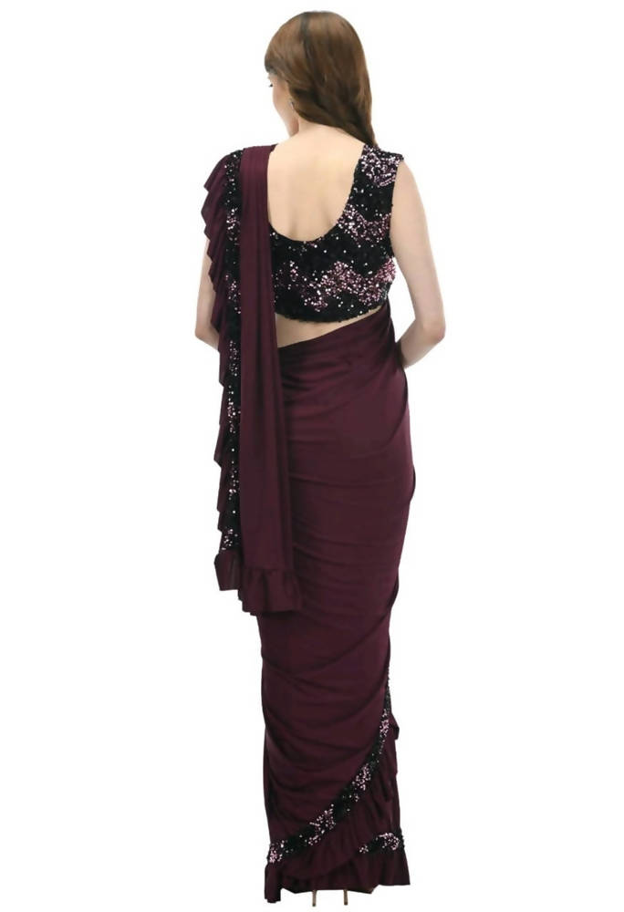 Mominos Fashion All Season Wear Wine And Black Colour Ruffled Ready To Wear Saree