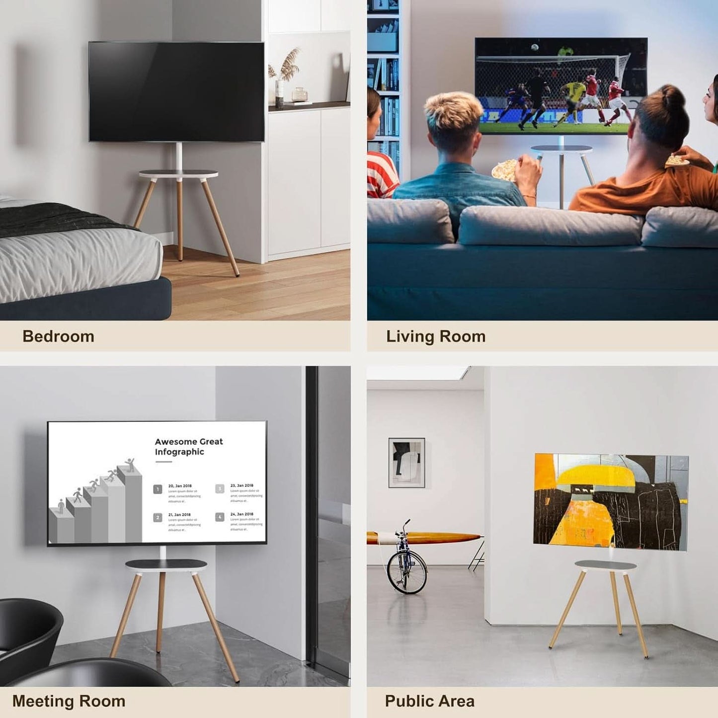 Tripod TV Stand 40-65 Inch White Swivel Wooden Tray