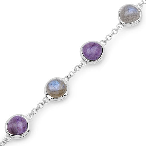11.00 Carat Genuine Charolite And Labradorite .925 Sterling Silver Bracelet