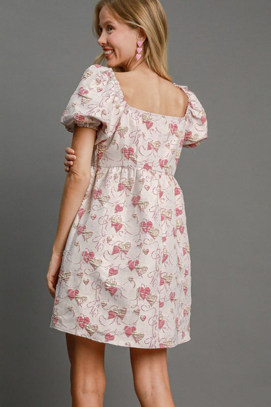 Heart Jacquard Square Neck Puff Sleeve Mini Dress – Romantic Heart Jacquard Dress, Puff Sleeve Dress, Square Neck Mini Dress, Chic Date Night Dress, Elegant Puff Sleeve Dress