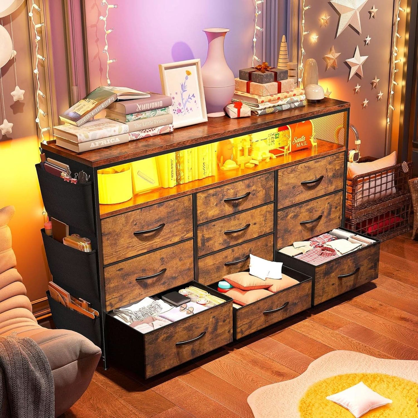 Dresser TV Stand 55 Inch 10 Drawers Rustic Brown Storage