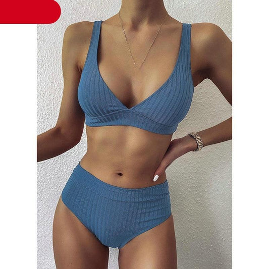 Bikini High Waist Swimwear Women's Swimsuits Push Up Ribbed Bathing Suits Black V-Neck Bikinis Set High Waist Tummy Control Bathing Suits For Women Deep V Neck Black Comfortable Beachwear