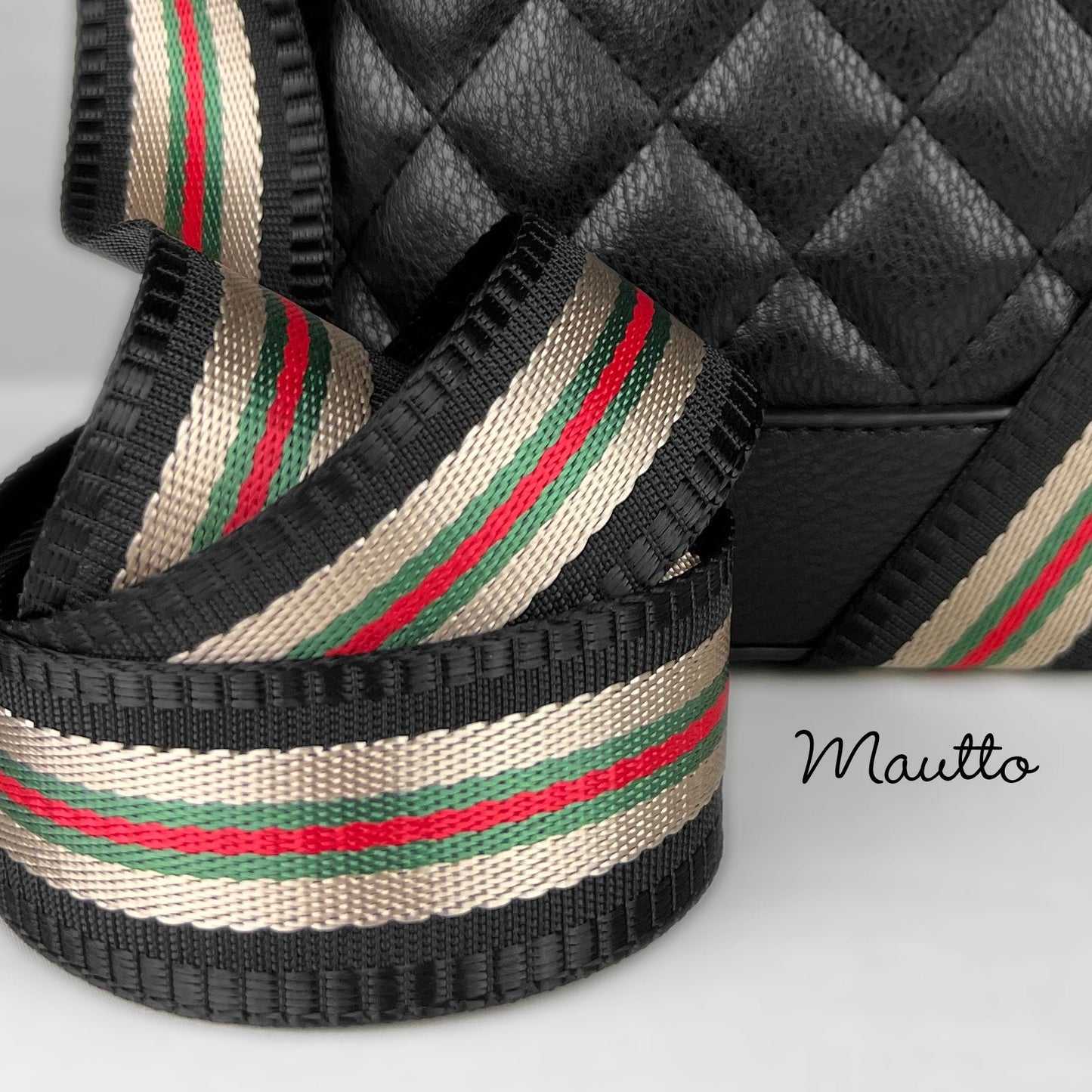 Black-Beige-Green-Red Stripe Strap - 1.5" Wide Nylon - Adjustable Shoulder to Crossbody Length - Customize Connector Style