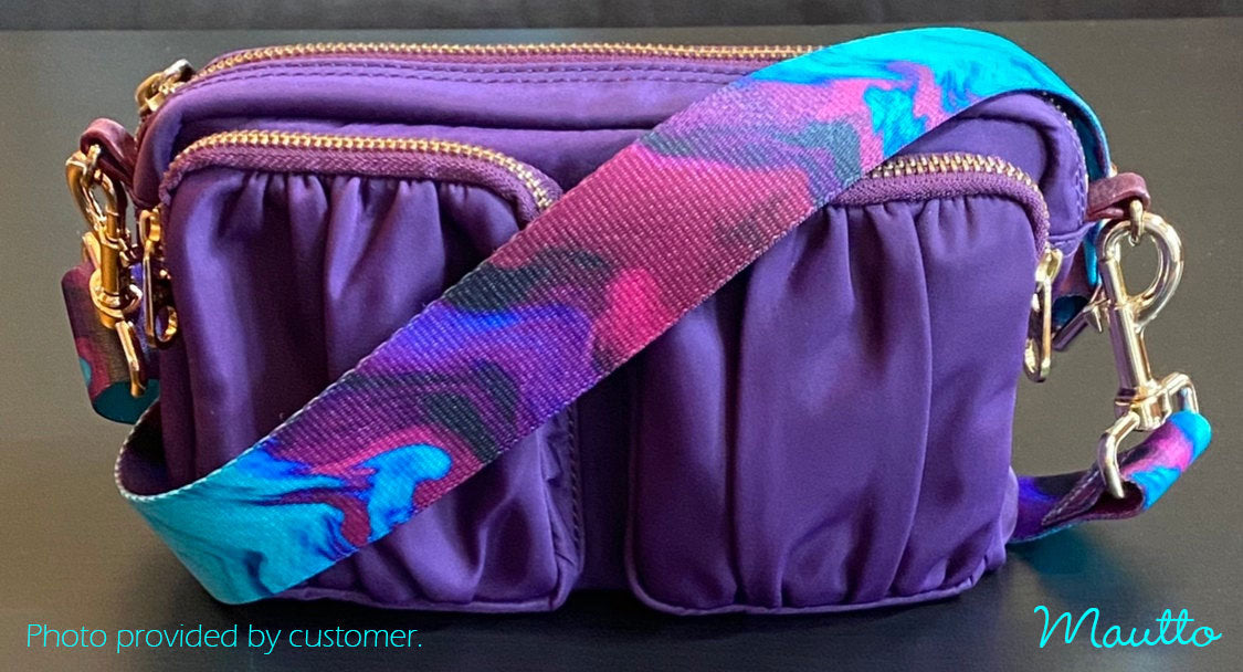 Turquoise Purple Swirl Strap - 1.5" Wide Nylon - Adjustable Shoulder to Crossbody Length - Choose Connector Style & Finish