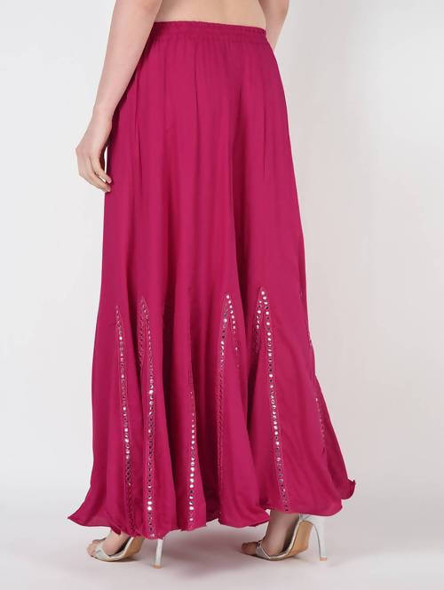 Mominos Fashion Magenta Viscose Rayon Flared Palazzo with Mirror Lace Work