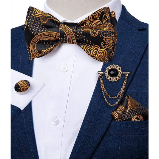 Business Elegant Gold Black Pattern Elegant Wedding Silk Bowtie Men Butterfly Fashion Bow Ties Pocket Square Classic Business Tuxedo Wedding Bowties Handkerchief Set
