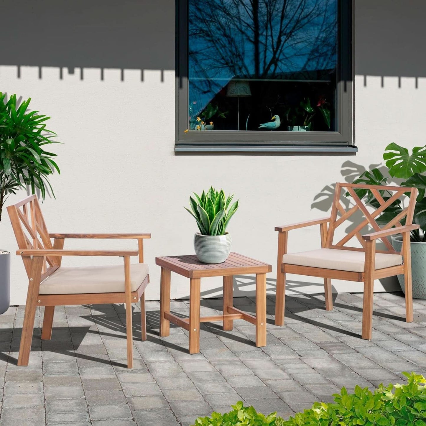 3 Piece Outdoor Patio Furniture Set Acacia Wood Cushioned Chairs And Coffee Table