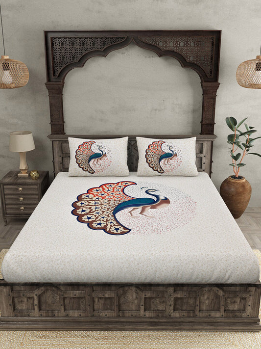 JAIPUR FABRIC Off White & Red Printed 240 TC Cotton King Bedsheet with 2 Pillow Covers