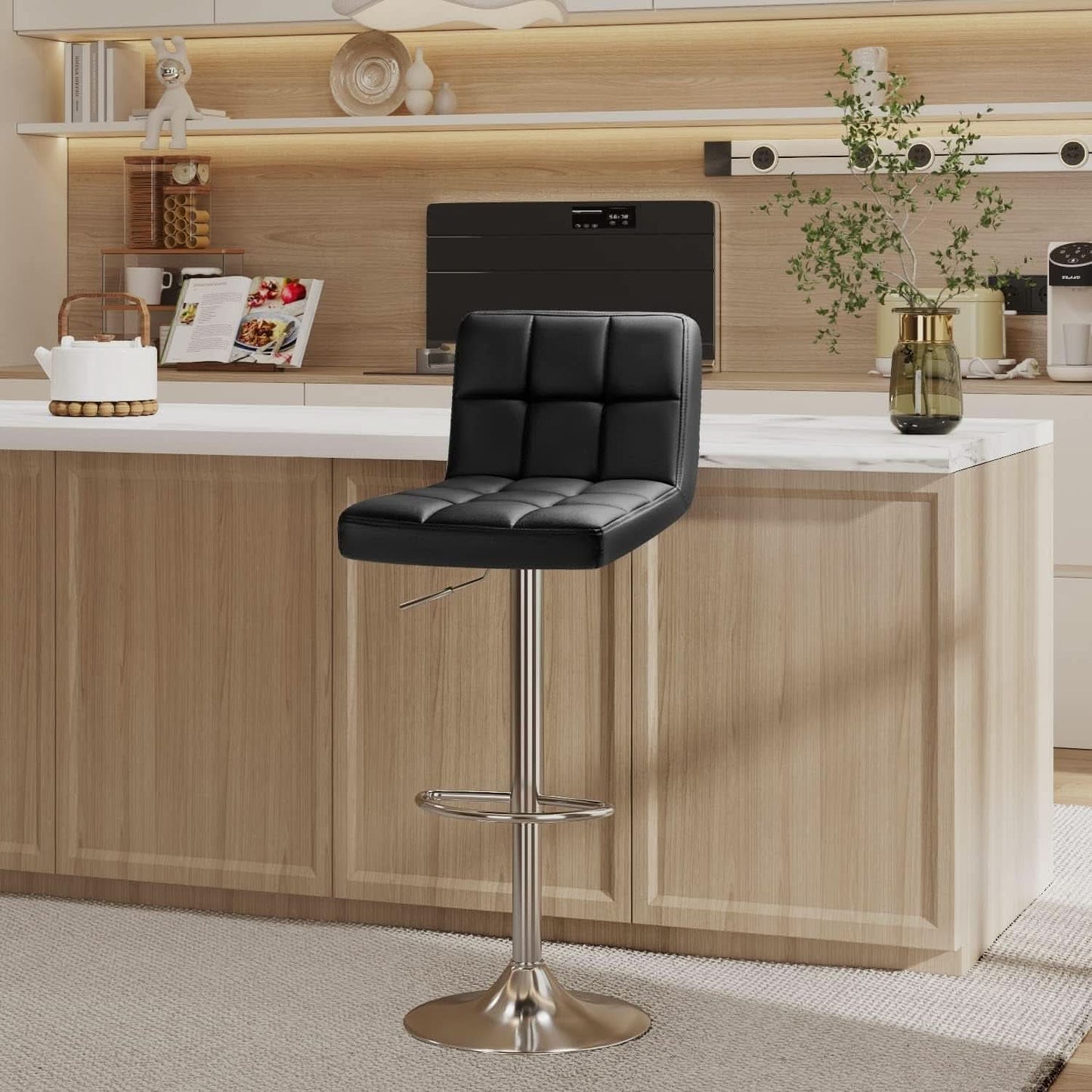 Bar Stools Set Of 2 Black PU Leather Swivel Adjustable Counter Height