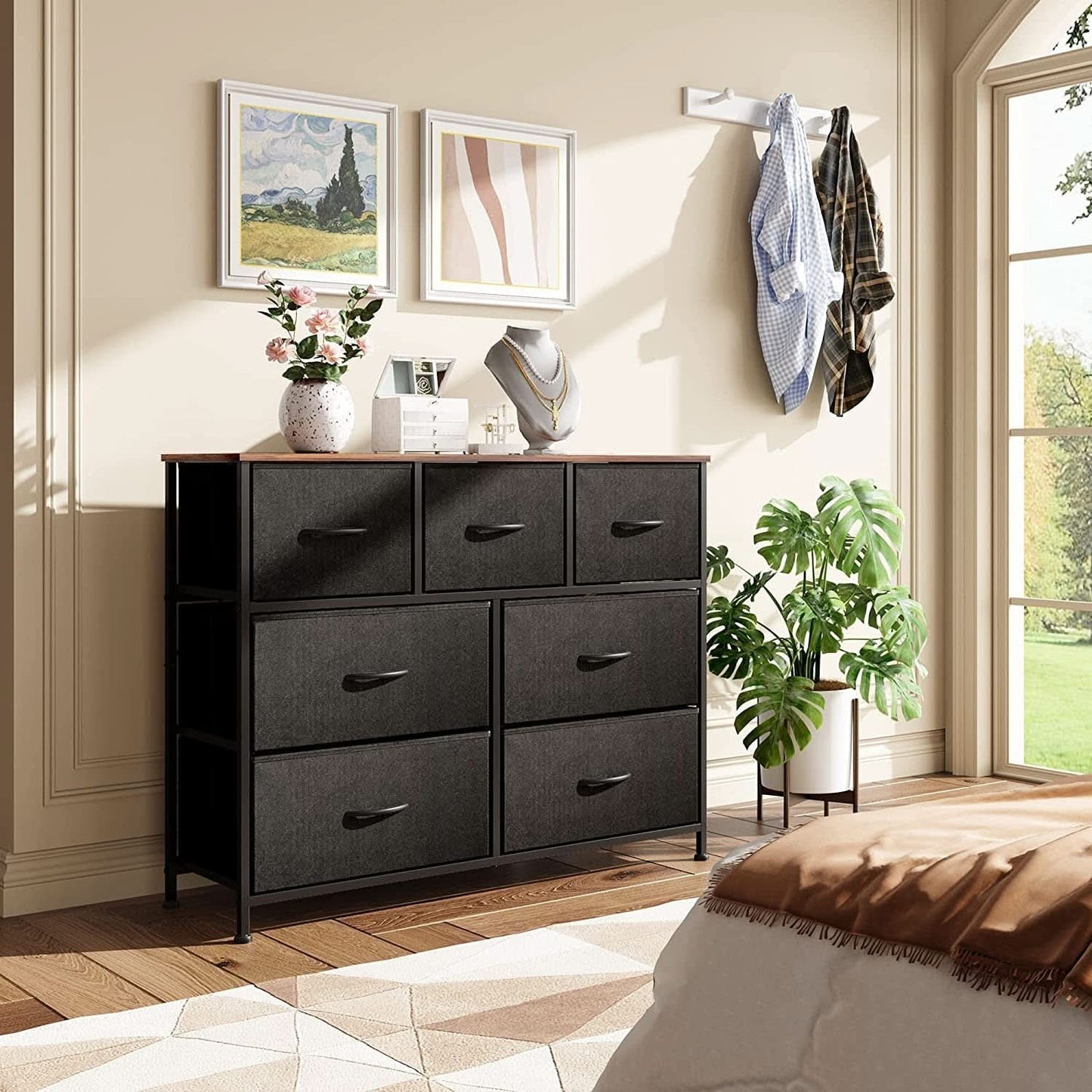 Black Dresser TV Stand With Fabric Drawers 39 Inch Length