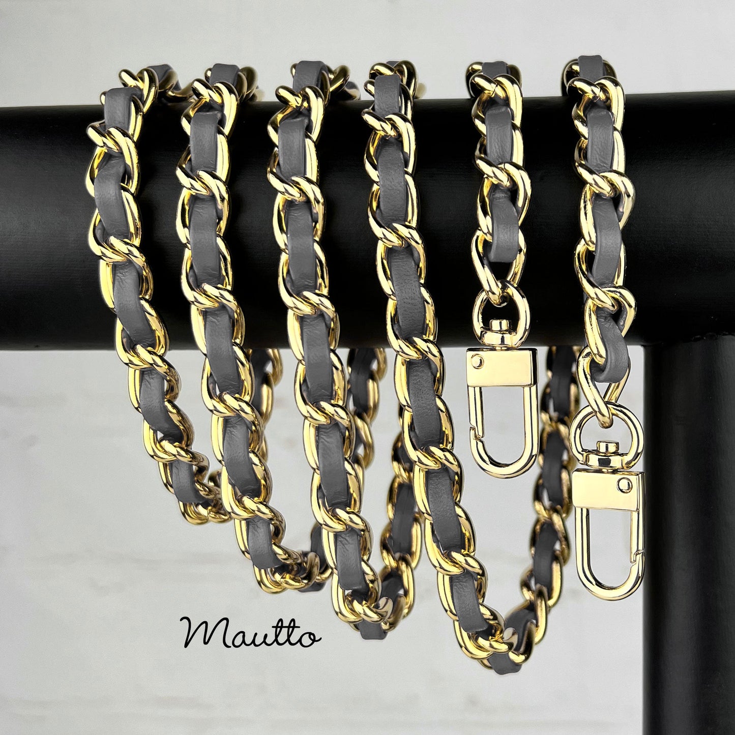 Classic Smooth Curb Chain, Gold-tone Finish with Leather Woven Through - 3/8 inch (9mm) Wide Luxury Strap - Black, Gray & Brown Colors