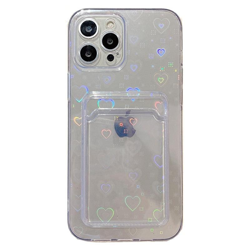 Clear Holographic Love Heart Pattern Cute Case with Card Holder Love Gradient Transparent Soft Case For iPhone 14 13 11 12 Pro Max Mini X XS XR 7 8 Plus Wallet Card Holder Cover