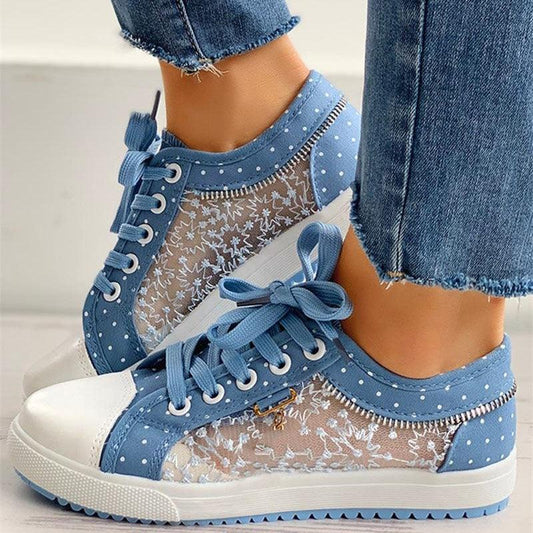 Cute Blue Women Fashion Shoes Summer Casual Design Lace Breathable Platform Flat Woman Sneakers Walking Lace-up Comfortable Walking Footwear Fashion Sneakers