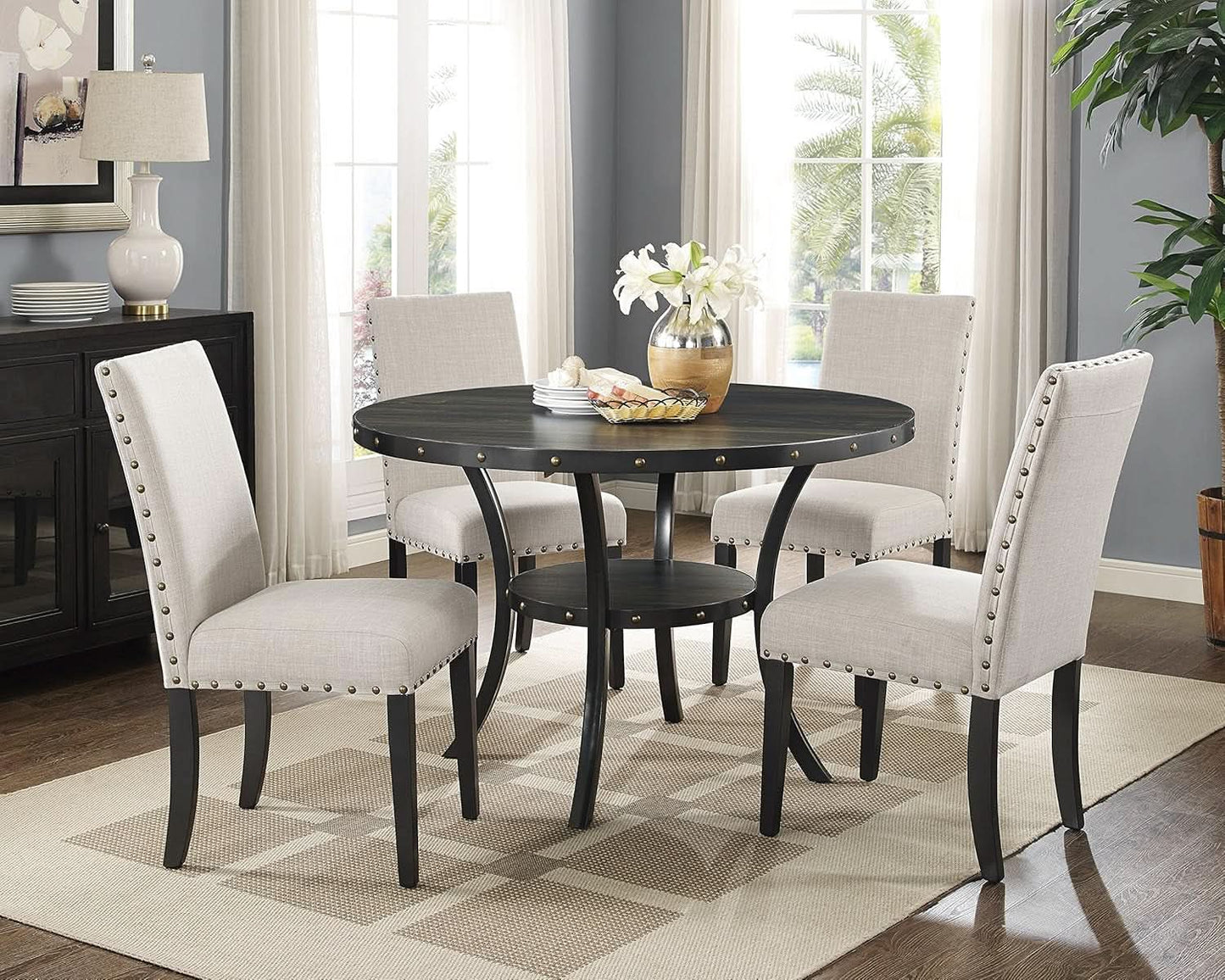 Tan Fabric Dining Chairs With Nailhead Trim Set Of 2