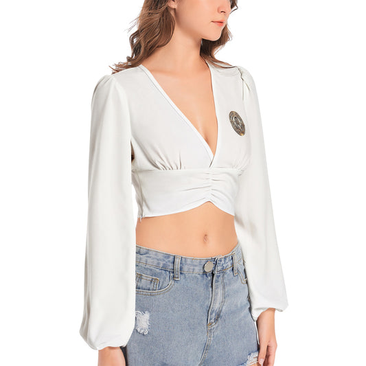 QE Sovereign Women's Deep V-Neck Lantern Sleeve Crop Top