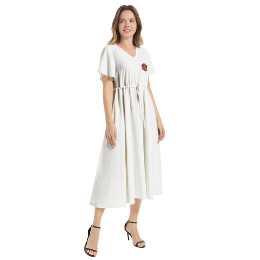 QE Dragons Women Flutter Sleeve Drawstring Waist Flared Dress