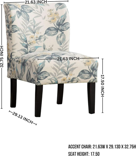 Armless Contemporary Chair With Blue Leaves Upholstery