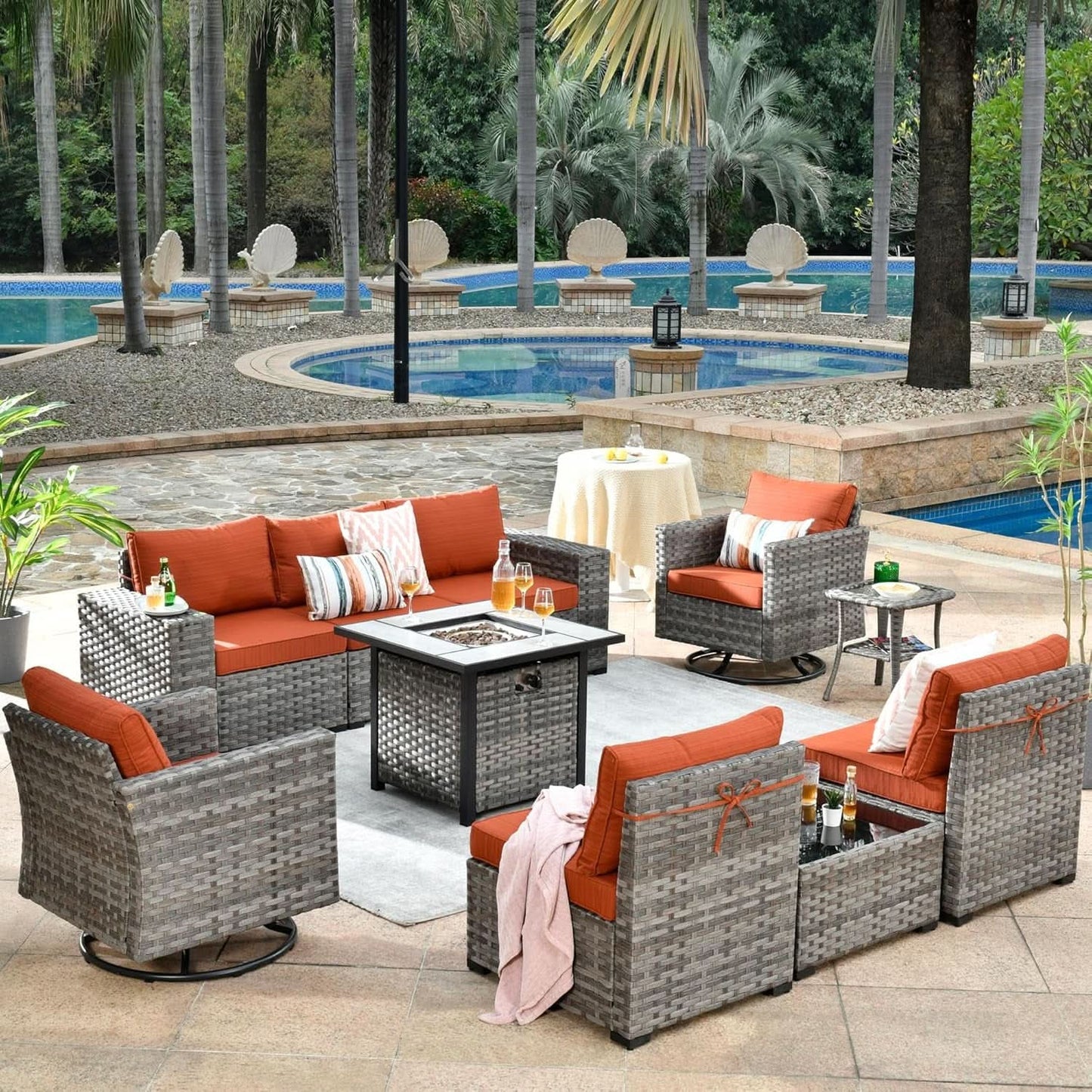 Modular Outdoor Wicker Sofa Set with Fire Pit