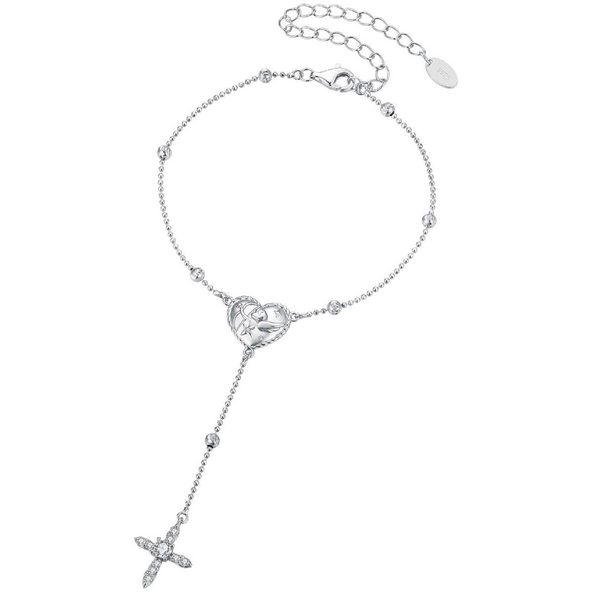 925 Sterling Silver White Gold Plated CZ Heart 15+6cm Bracelet for Women