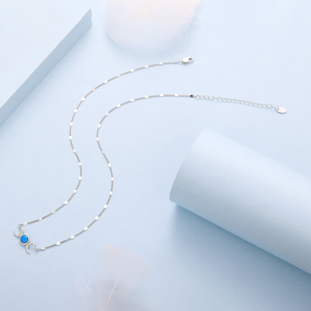 925 Sterling Silver White Gold Plated Synthetic Opal 40+5cm Pendant Necklace for Women