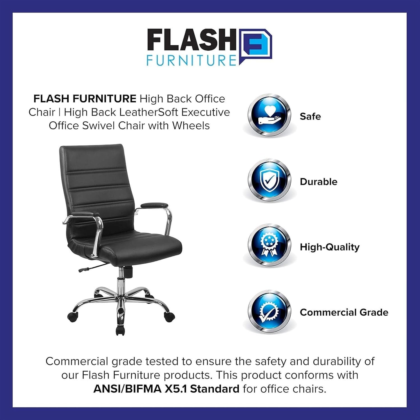 Whitney High Back Leathersoft Desk Chair Adjustable Height Swivel Black Chrome