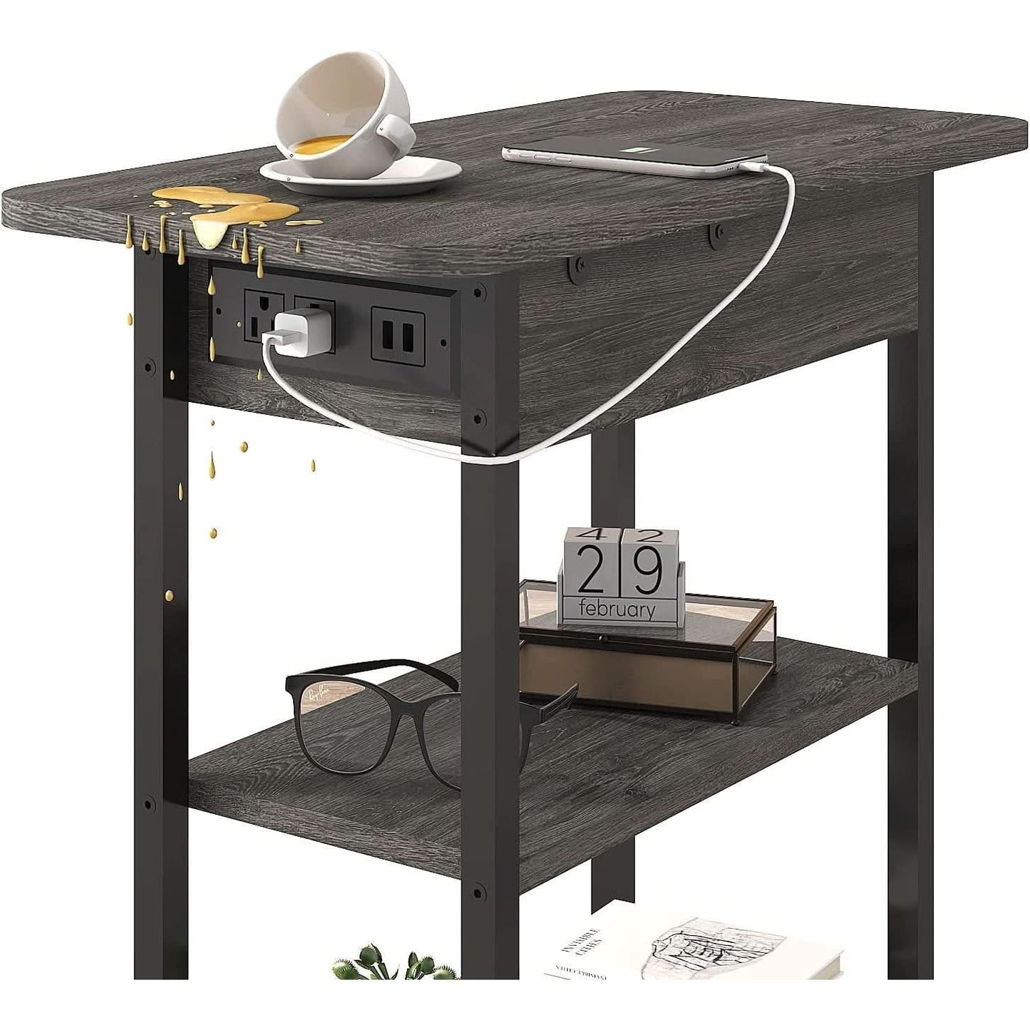 End Table With Charging Station And Flip Top Dark Grey For Small Spaces