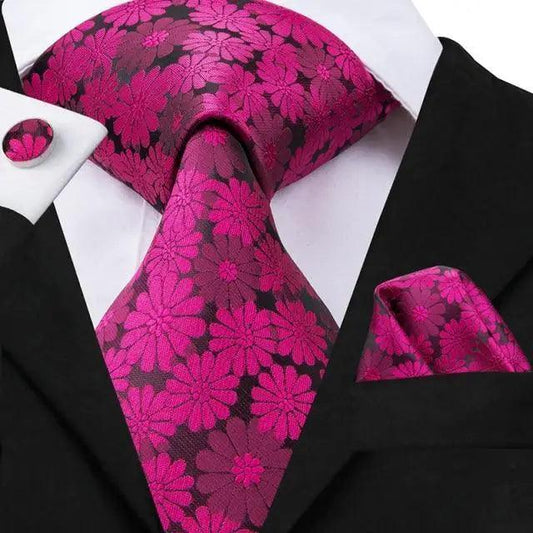Elegant Pink Silk Necktie Pocket Square Cufflinks Set