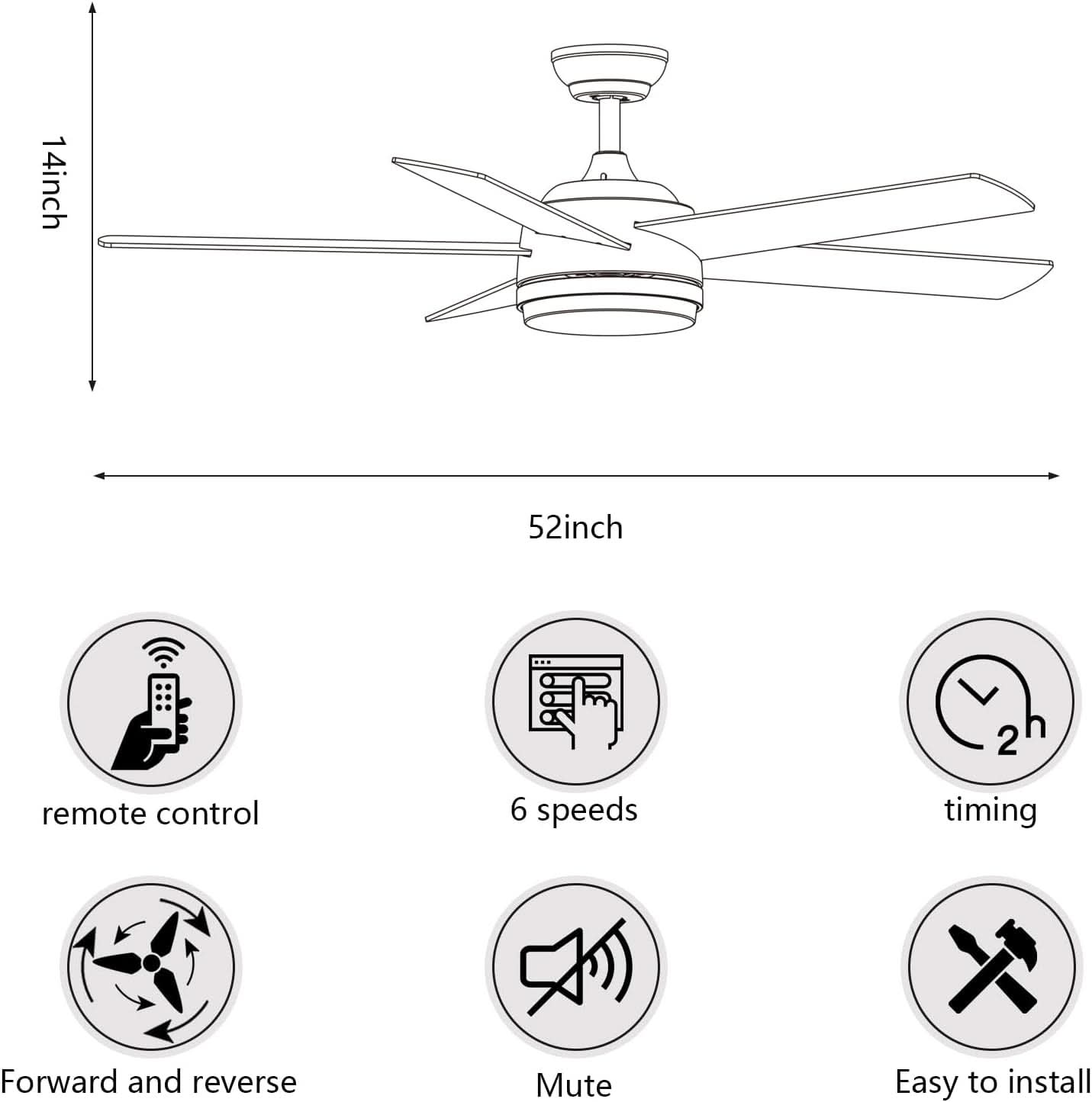 52 Inch Black Ceiling Fan With Dimmable 3 Color LED Lights And Remote
