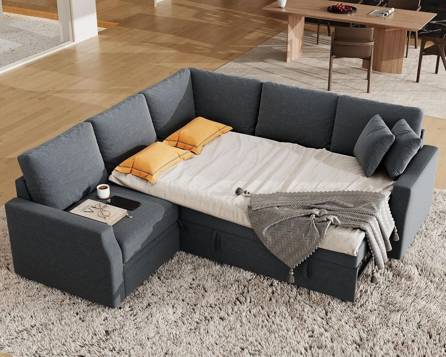 Grey L Shaped Sectional Sofa Bed 85 Inch With Storage