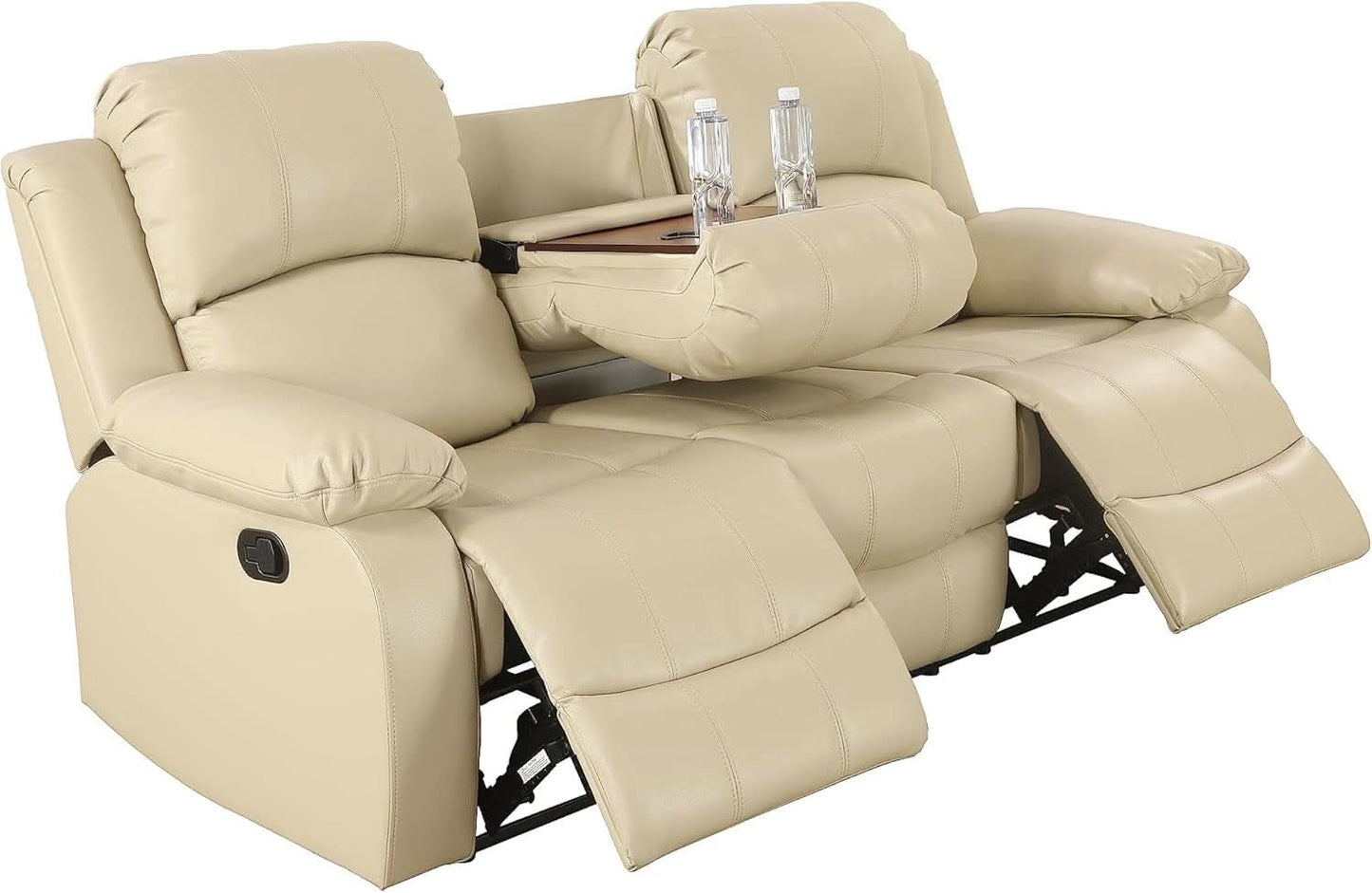 Beige 3 Seater Manual Reclining Sofa With Cup Holders
