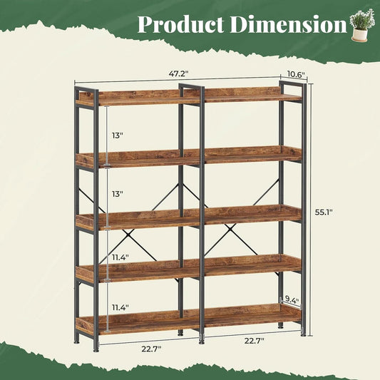 Rustic Brown 5 Tier Bookcase With Raised Edges For Living Room