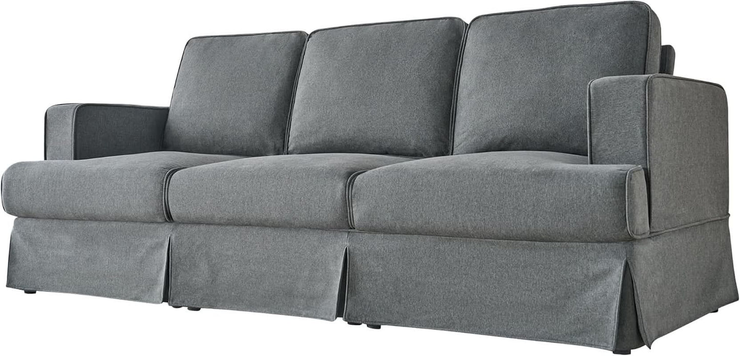 89 Inch Slipcovered Linen Grey Sofa 3 Seater Couch