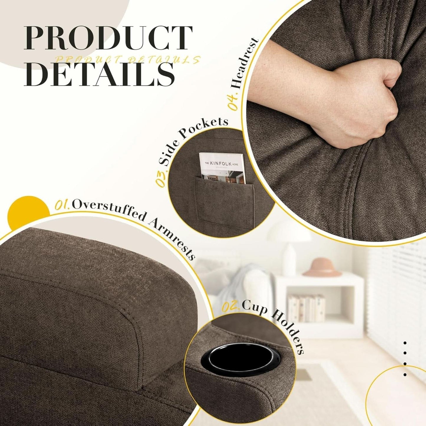 Brown Fabric Recliner Chair With 360 Swivel Massage