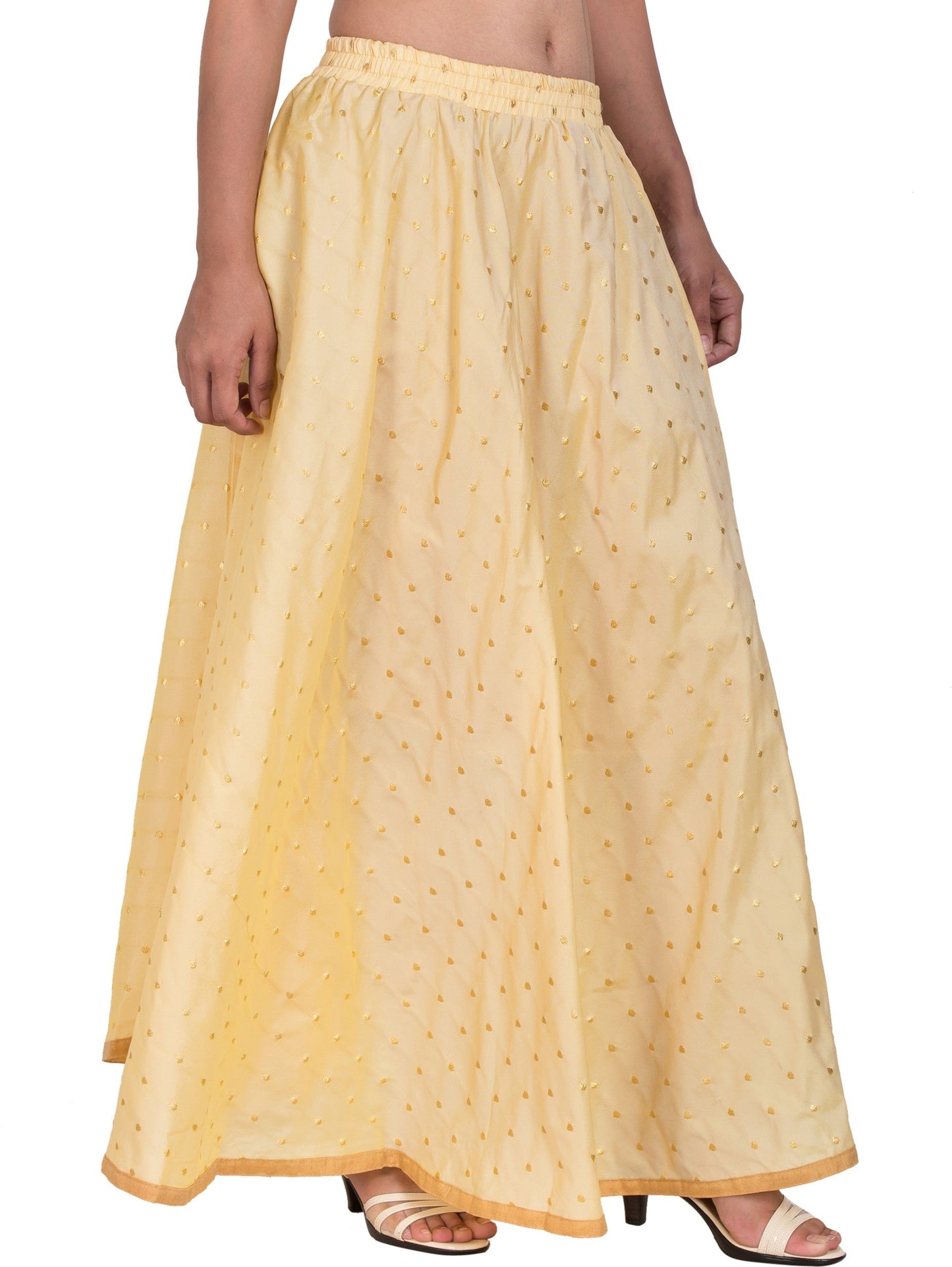 PAVONINE Beige Color Golden Zari Work Satan Fabric Maxi Skirt For Women