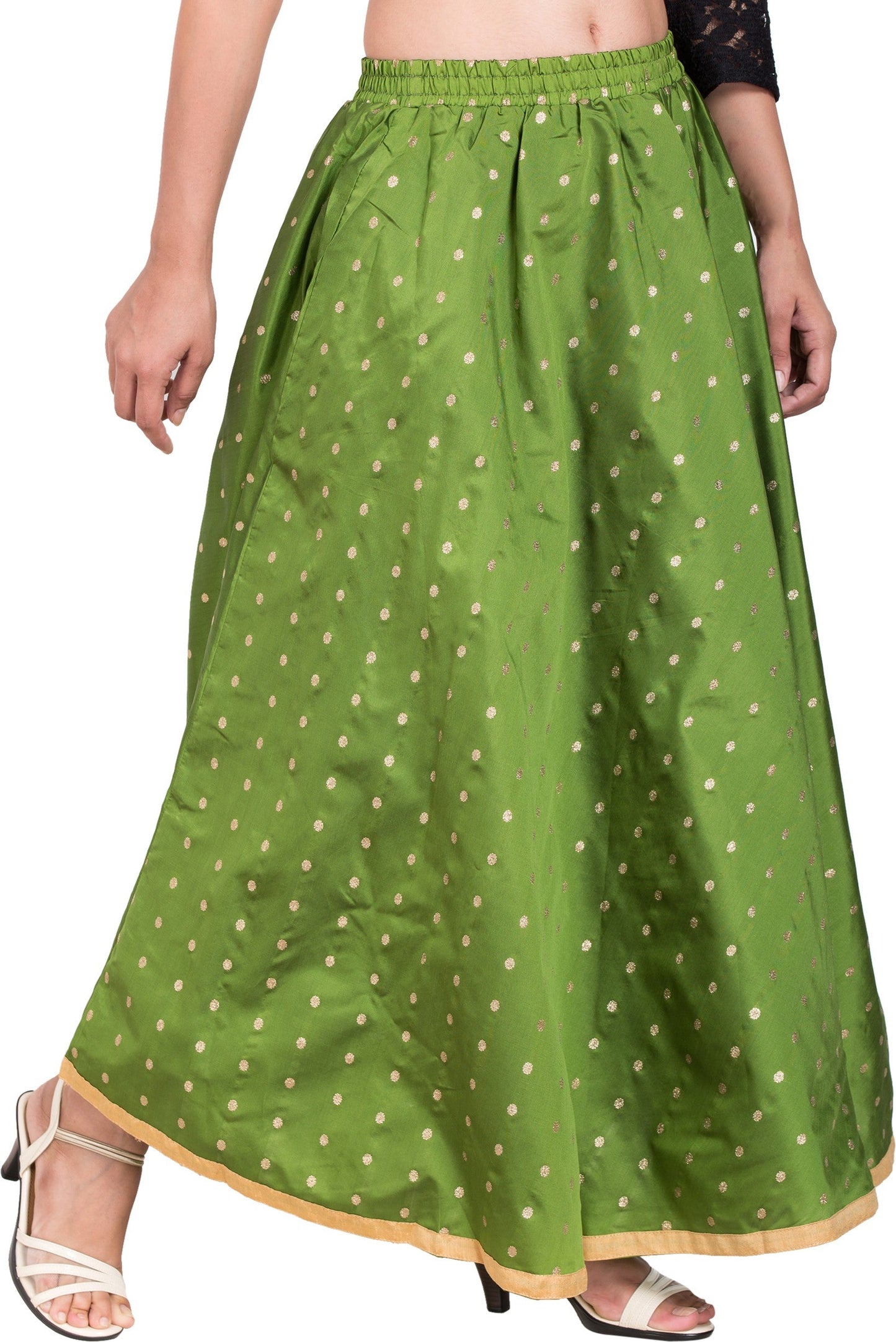 PAVONINE Green Color Golden Zari Work Satan Fabric Maxi Skirt For Women
