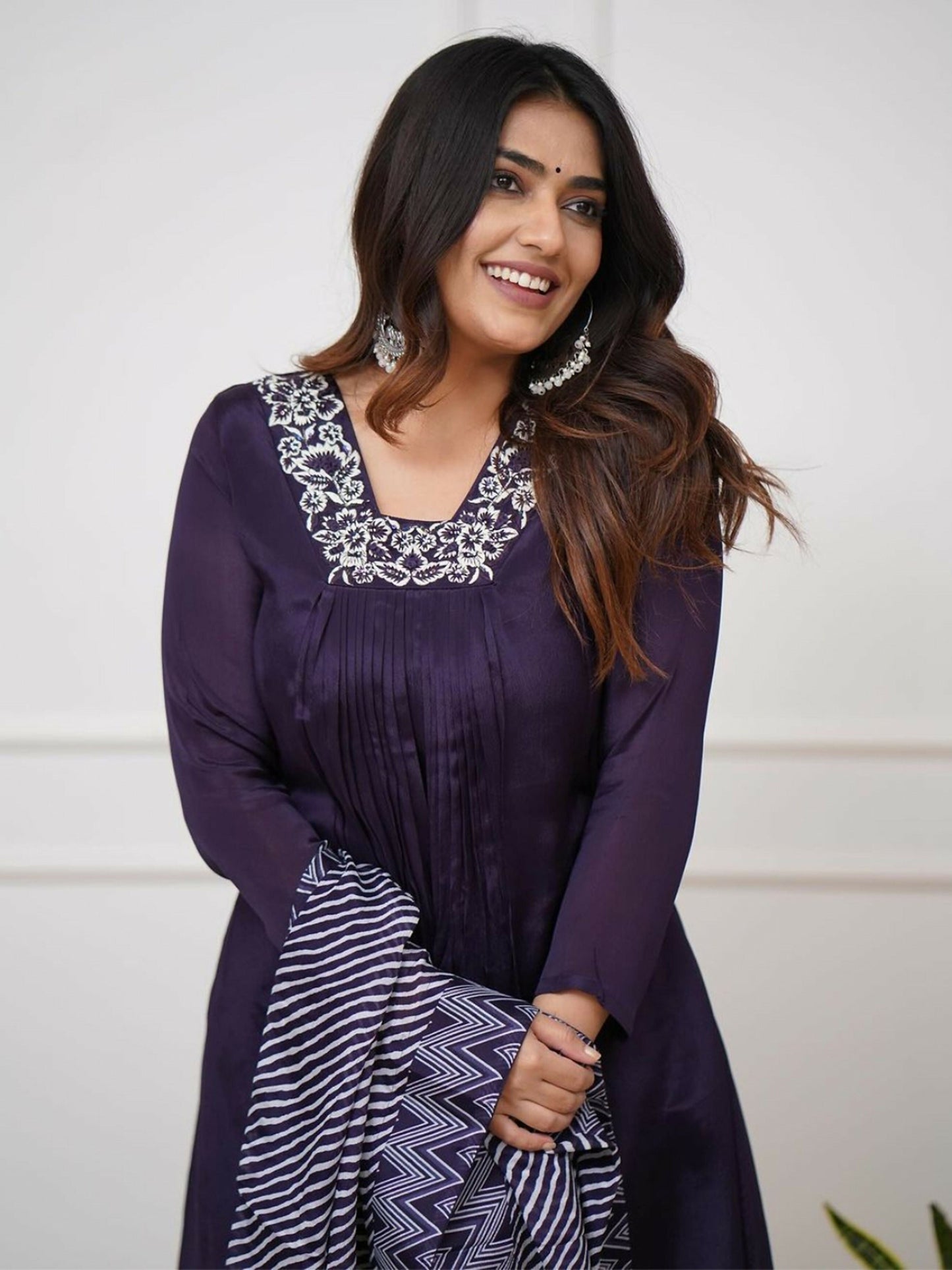 Partywear Designer Viscose Silk With Lining Wine Stitched Suit With Dupatta - Tanisha
