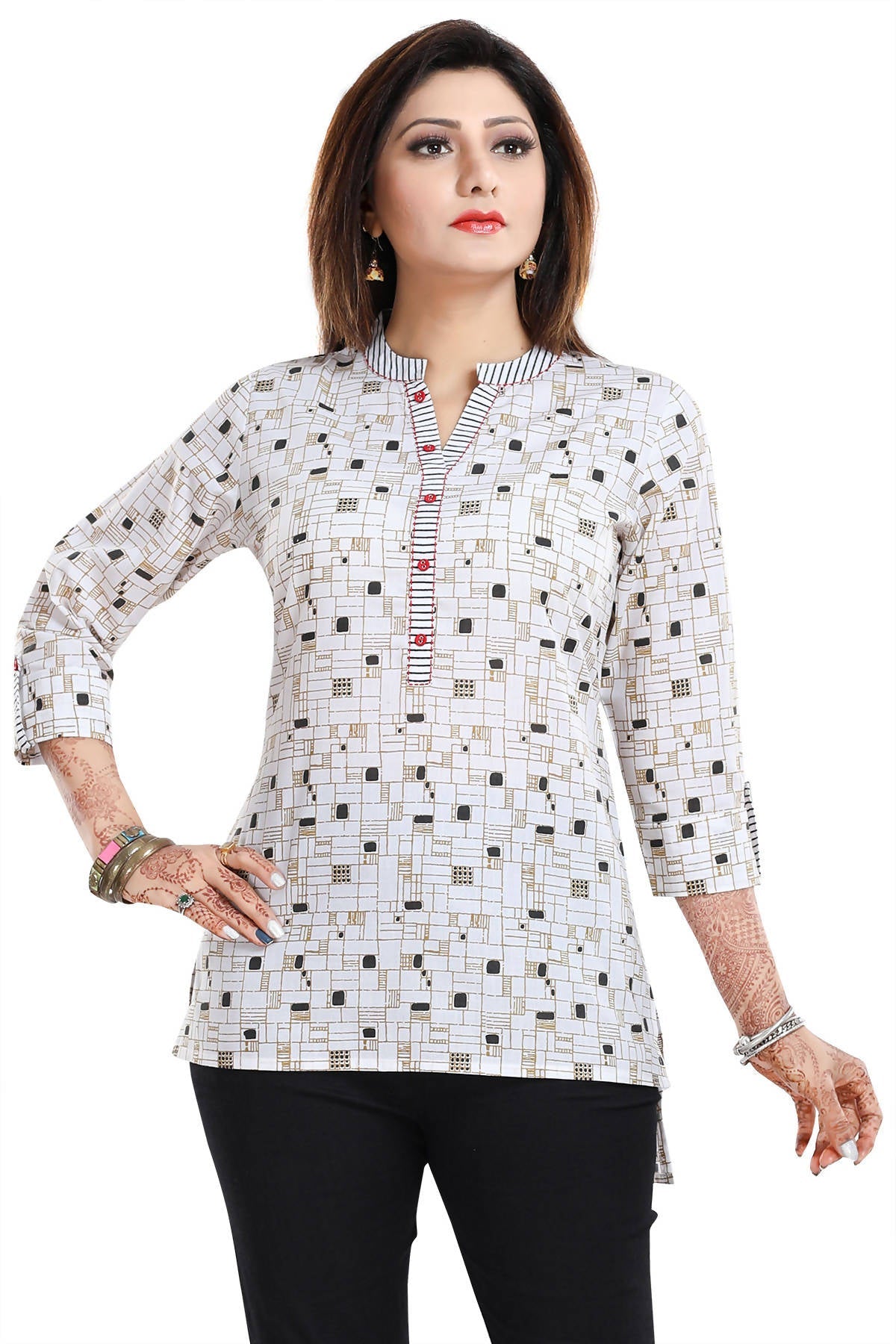 Snehal Creations Vibrant Vigour White Cotton Printed Short Tunic