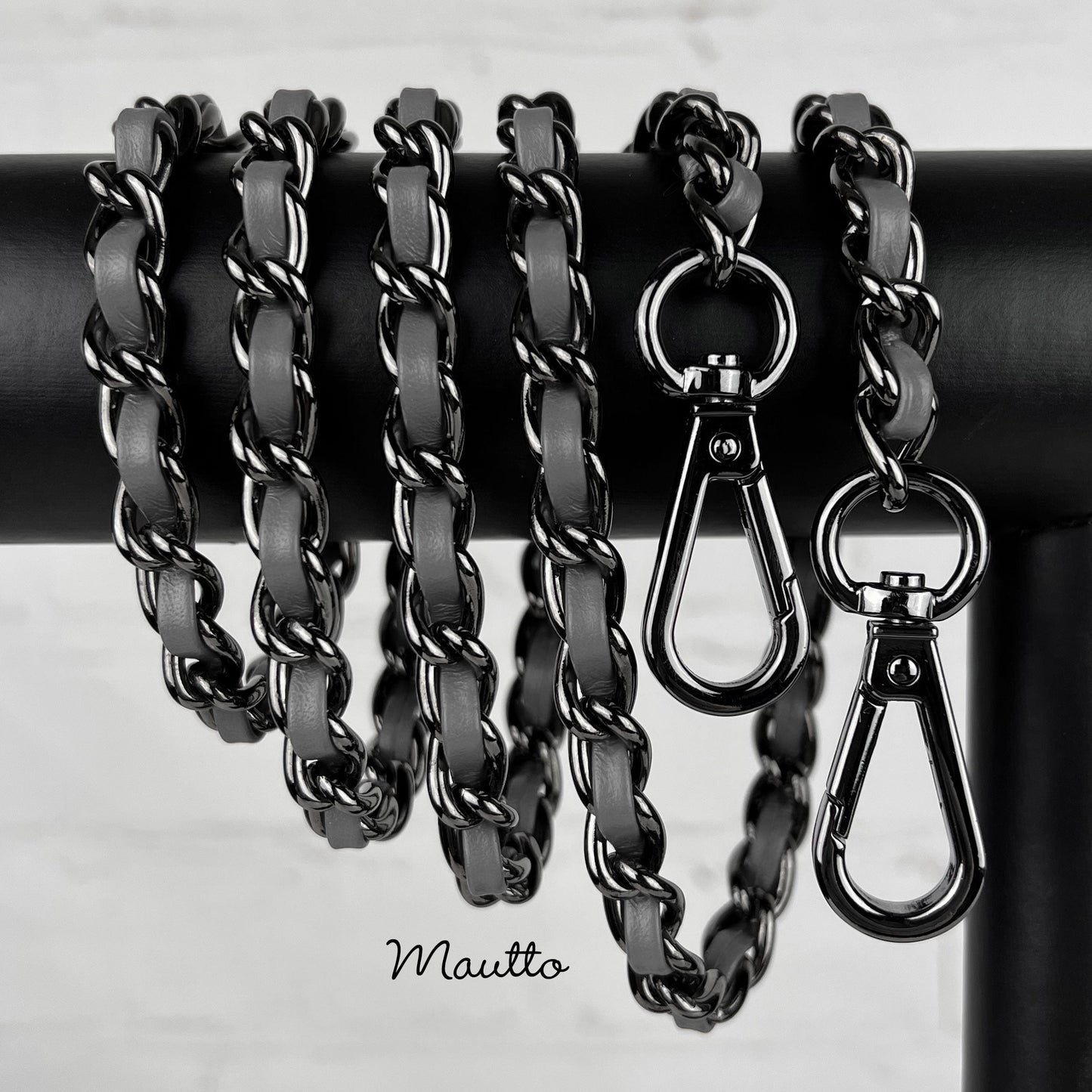 Classic Smooth Curb Chain, Gunmetal Finish with Leather Woven Through - 3/8 inch (9mm) Wide Luxury Strap - Black, Gray & Brown Colors