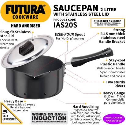 Hawkins Hard Anodised Sauce Pan 18 cm Diameter with Lid 2 L (IAS20S)