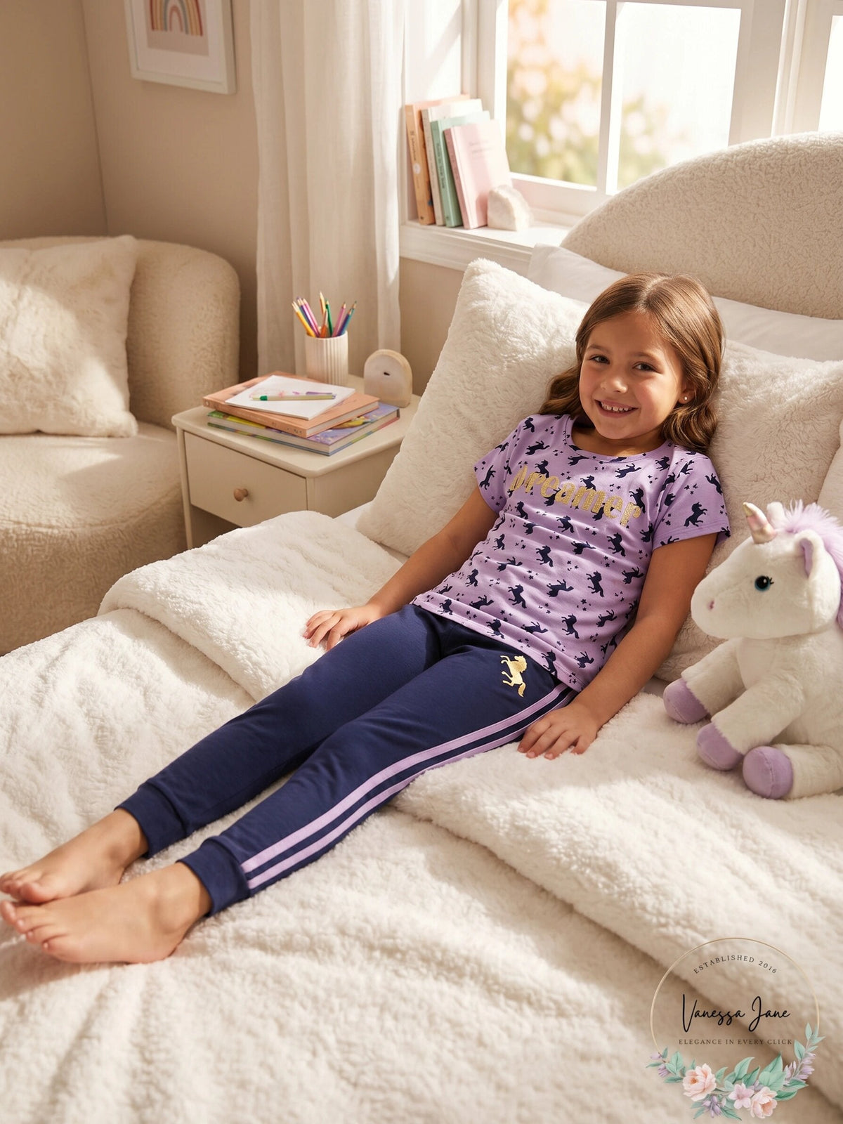 Max & Olivia Big Girls Two Piece Unicorn Long Leg Pajama Set