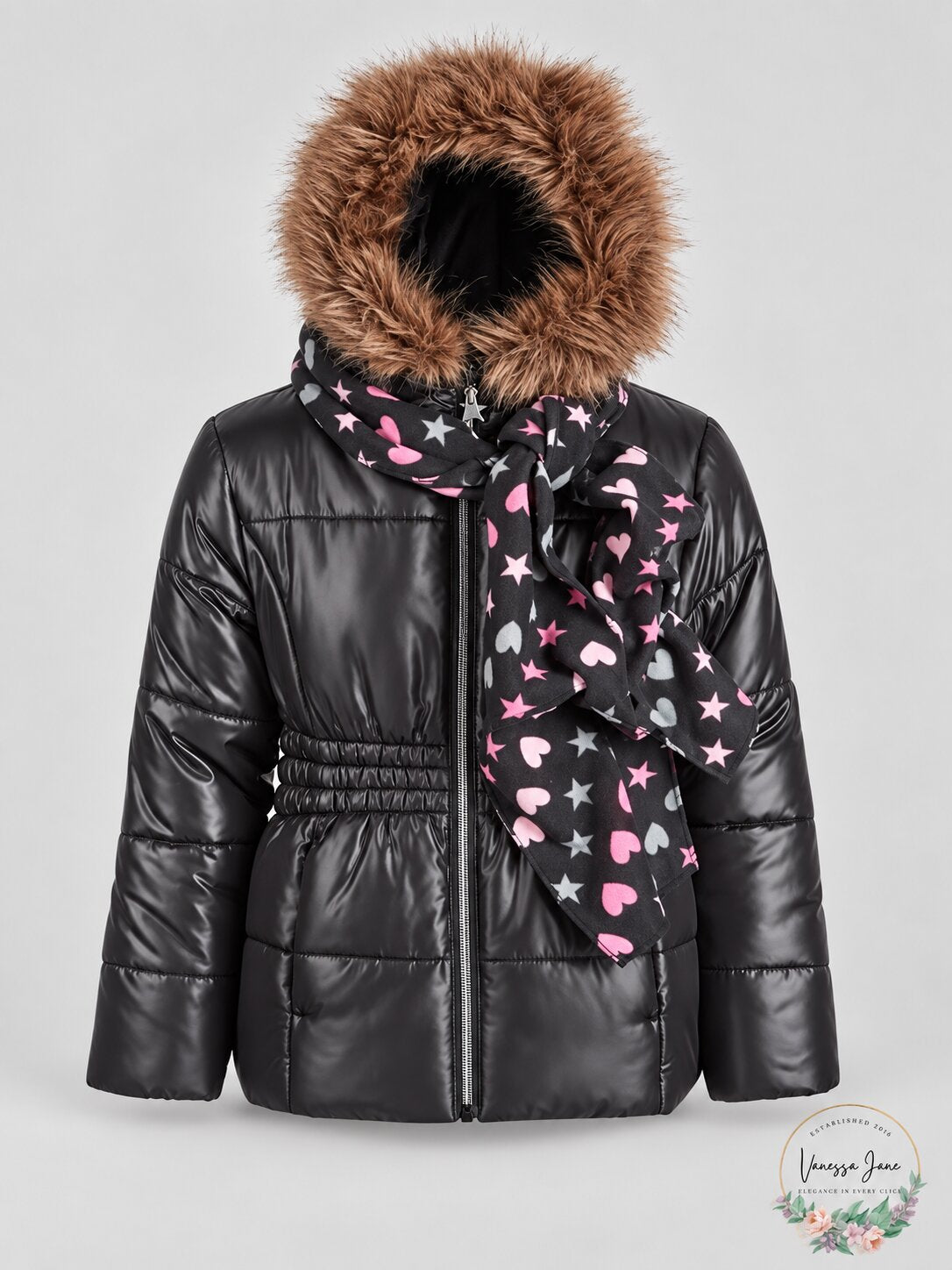 Rothschild Girls Black Puffer Jacket With Scarf and Faux Fur Trim, Size S 7/8