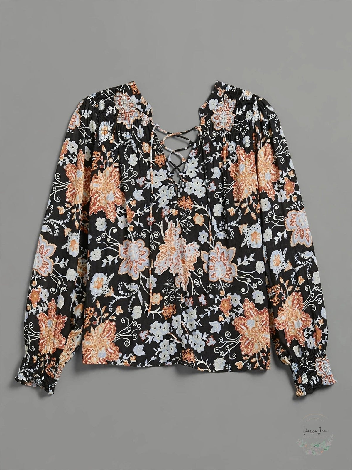 Elan Botanical Print Lace up Top