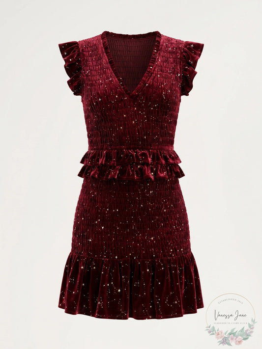 Aqua Velvet Smocked Mini Dress